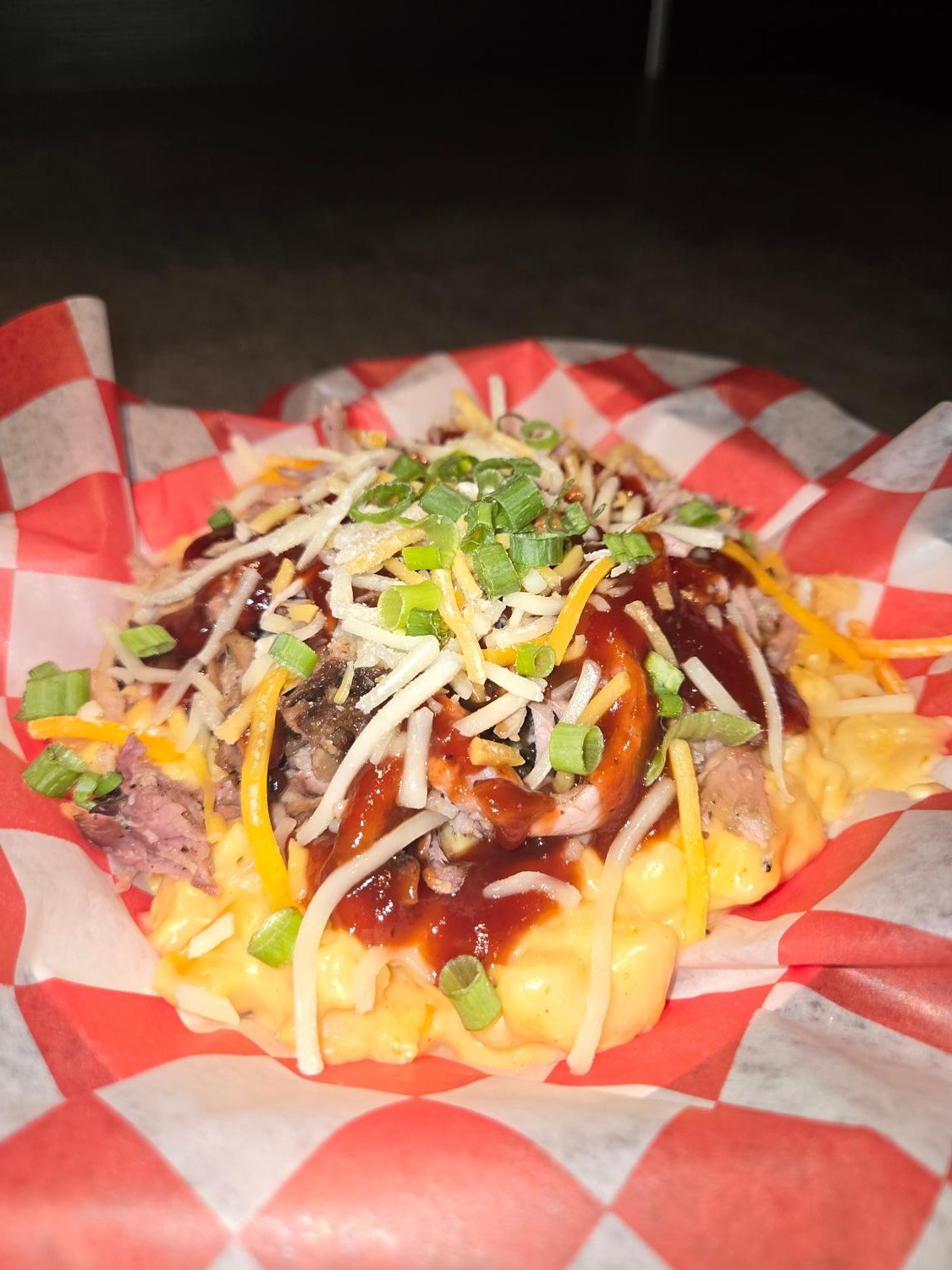 Mac stack bowl with smoked pork, cheese and green onion